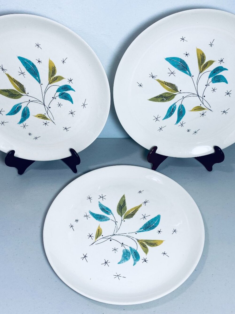 3 VNTG SALEM Daybreak Turquoise/Green Leaves Freeform Atomic Starburst 10" Plate